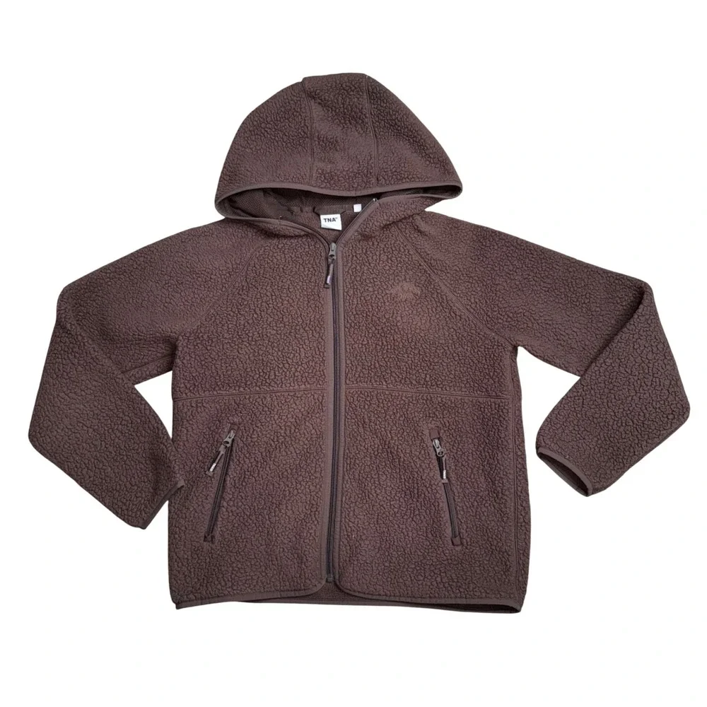 TNA Sherpa Fleece Hoodie Womens M Brown Excellent Full Zip Aritzia Jacket